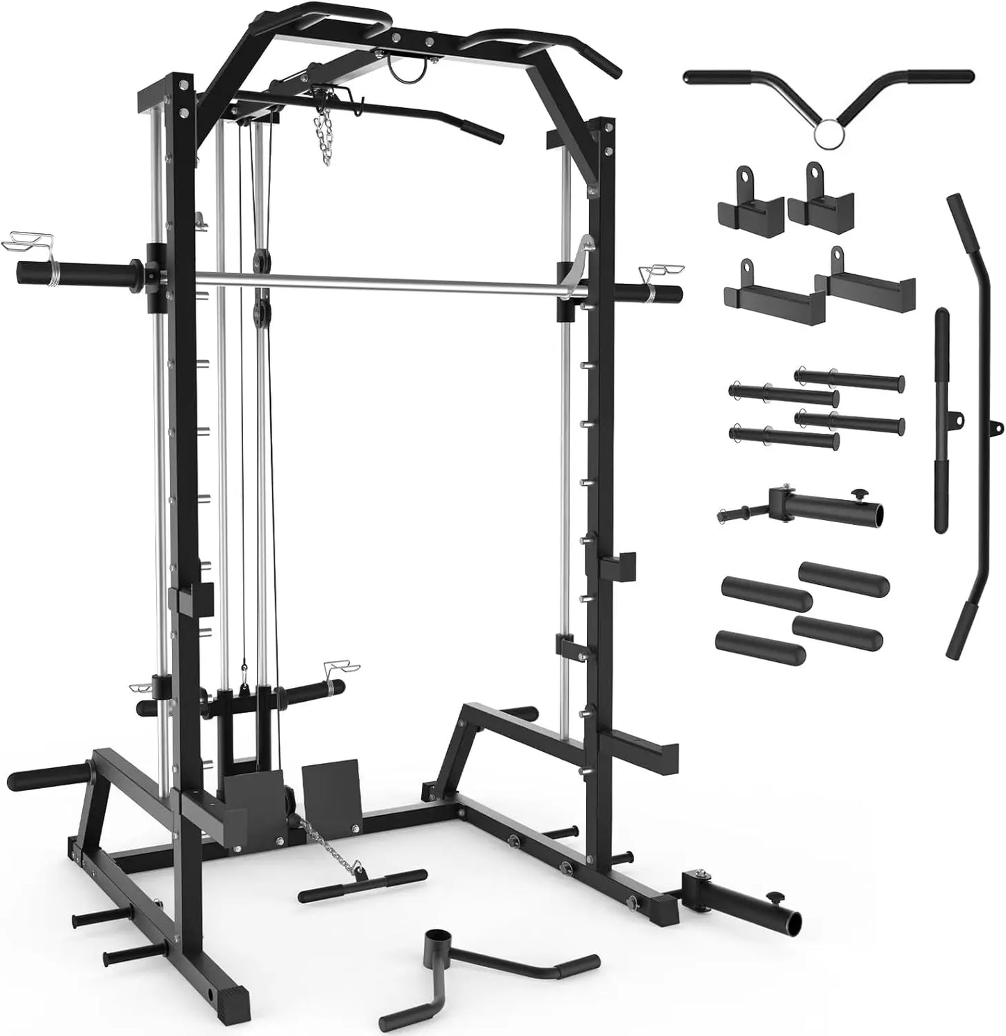Smith Machine, Power Rack with LAT Pulldown System, Power Cage with Cable System, Squat Rack for Home Gym with Chest Press