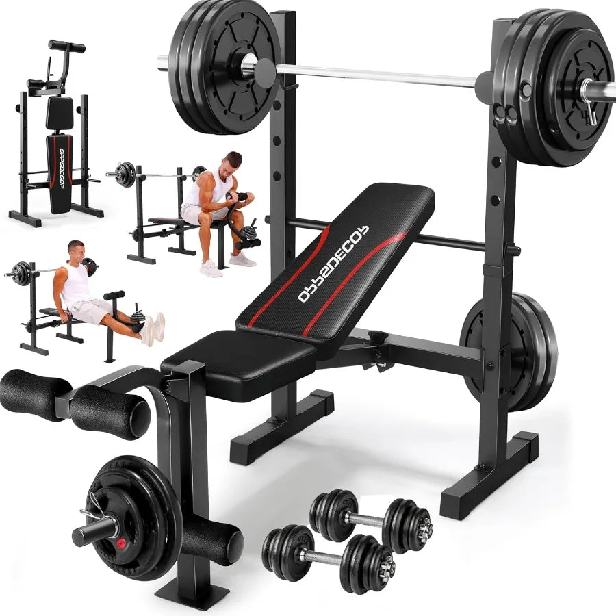 MultiFunction Weight Bench Set with Squat Rack Leg Extension Leg Curl Adjustable Workout Bench for Full Body Fitness Foldable F