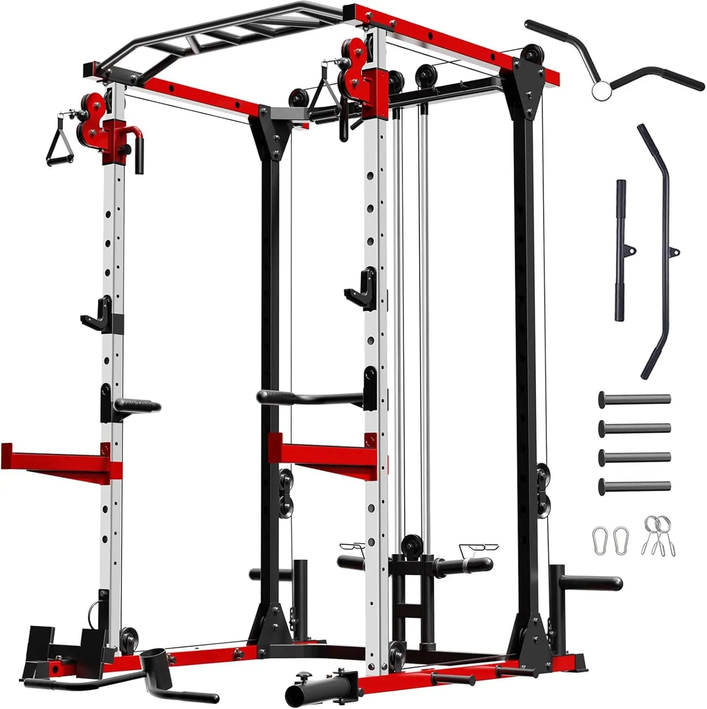 Smith Machine, Power Rack with LAT Pulldown System, Power Cage with Cable System, Squat Rack for Home Gym with Chest Press