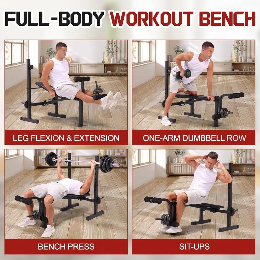 MultiFunction Weight Bench Set with Squat Rack Leg Extension Leg Curl Adjustable Workout Bench for Full Body Fitness Foldable F