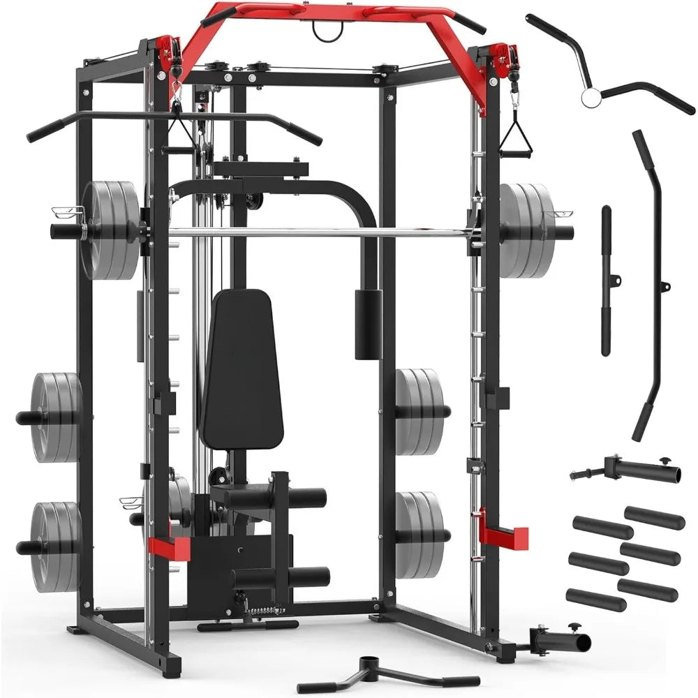Smith Machine, Power Rack with LAT Pulldown System, Power Cage with Cable System, Squat Rack for Home Gym with Chest Press