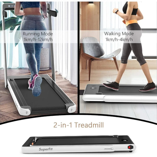 Dual Display Folding Treadmill, 2.25HP Electric Under Desk Treadmill, Bluetooth Compatible, Easy Assembly-Free Setup