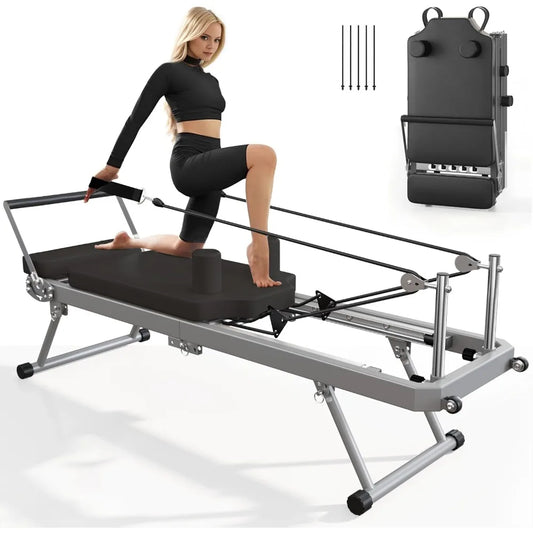 Pilates Reformer Machine for Home Gym Workout, Foldable Pilates Equipment with High Strength Alloy Springs for Beginners