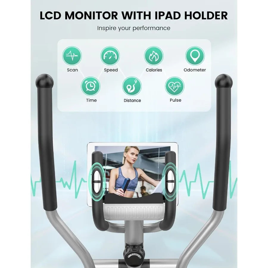 Hyperquiet elliptical machine for home fitness with compact design 8level adjustable resistance 6KG flywheel pulse sensor and L