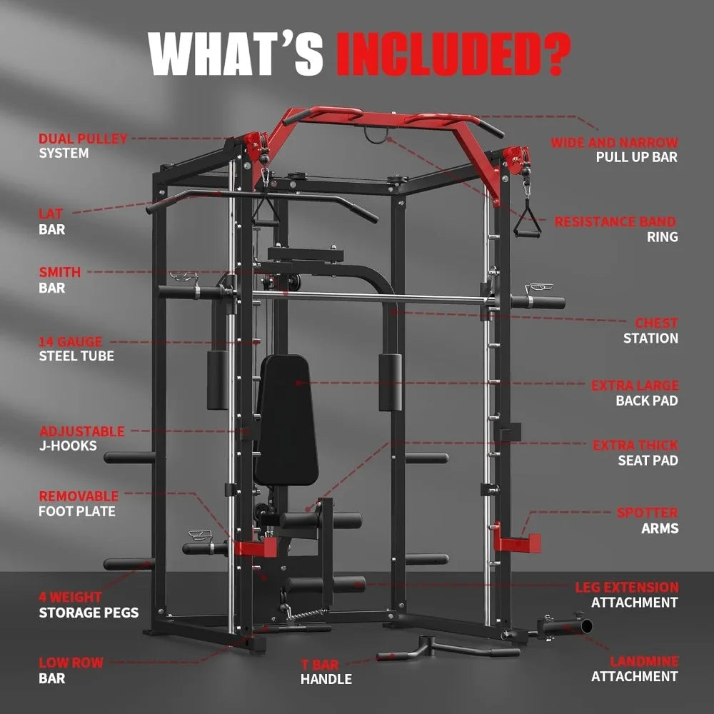 Smith Machine, Power Rack with LAT Pulldown System, Power Cage with Cable System, Squat Rack for Home Gym with Chest Press