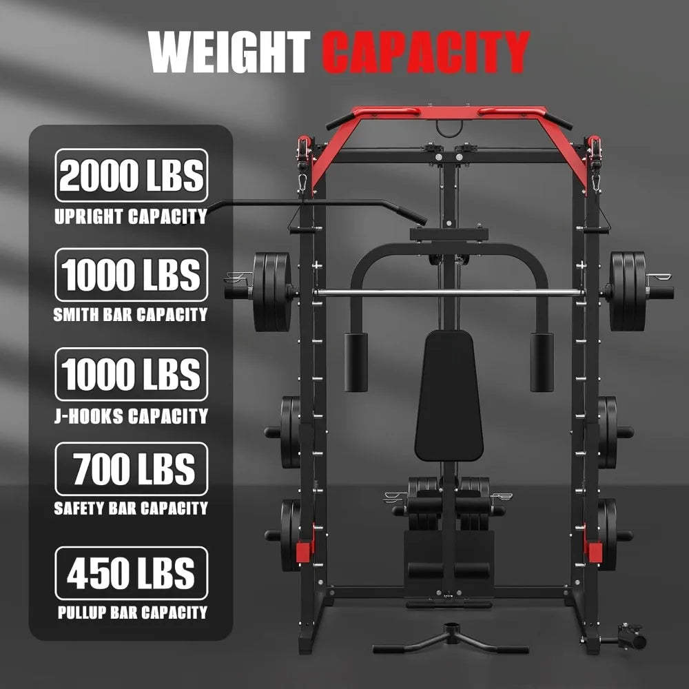 Smith Machine, Power Rack with LAT Pulldown System, Power Cage with Cable System, Squat Rack for Home Gym with Chest Press