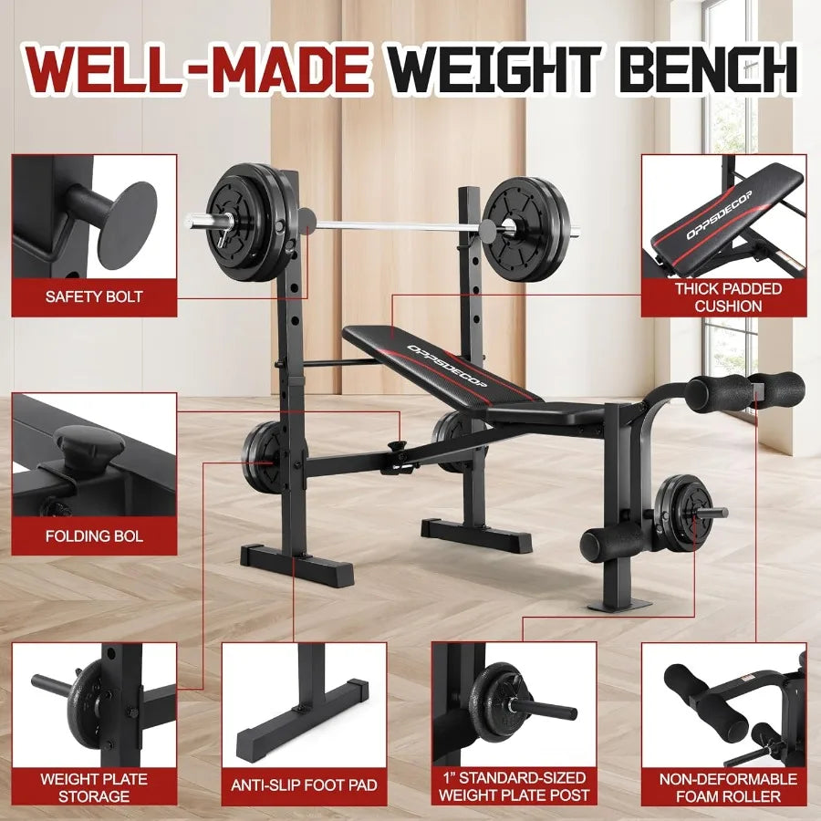 MultiFunction Weight Bench Set with Squat Rack Leg Extension Leg Curl Adjustable Workout Bench for Full Body Fitness Foldable F