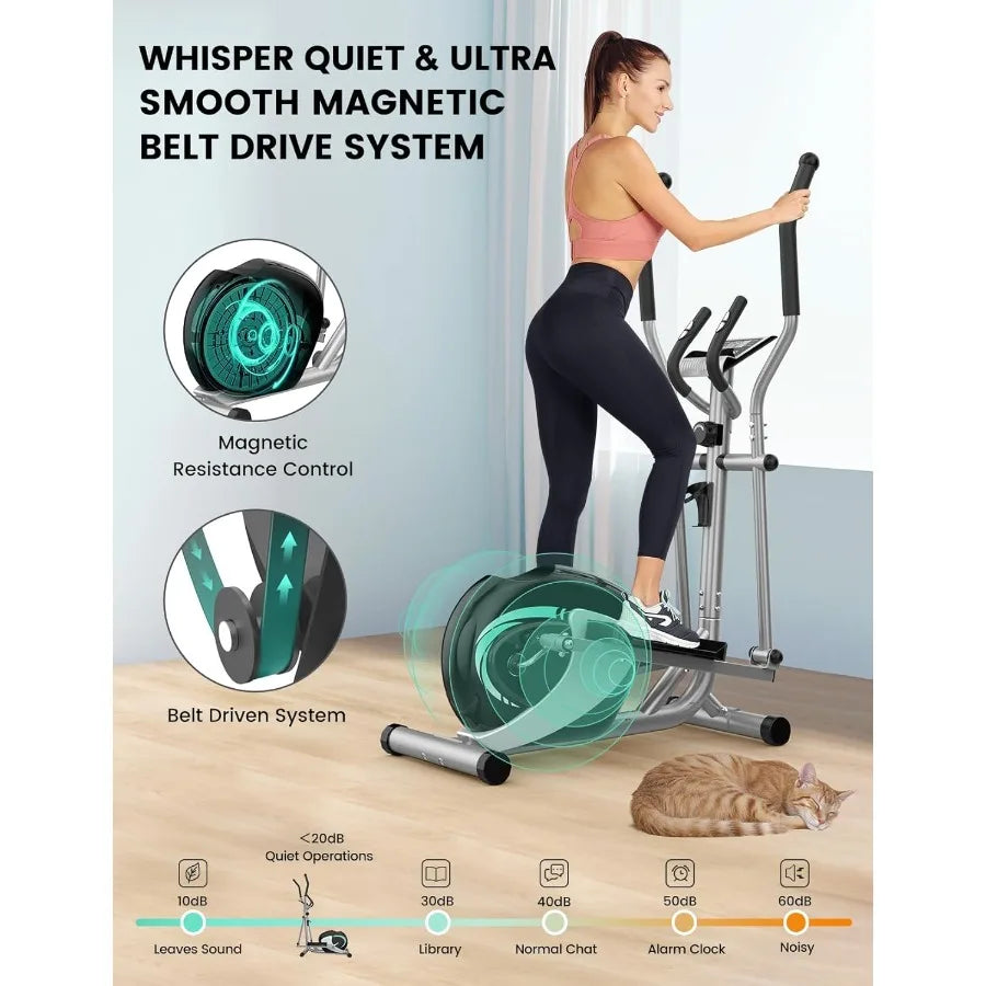 Hyperquiet elliptical machine for home fitness with compact design 8level adjustable resistance 6KG flywheel pulse sensor and L