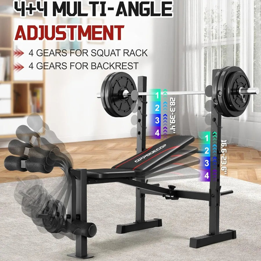 MultiFunction Weight Bench Set with Squat Rack Leg Extension Leg Curl Adjustable Workout Bench for Full Body Fitness Foldable F