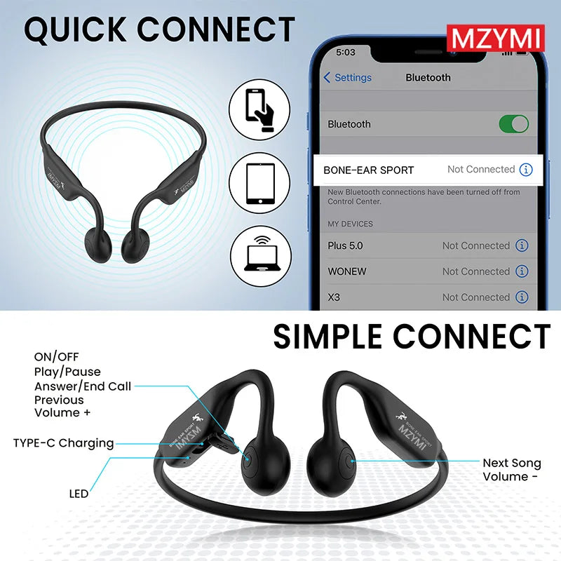 MZYMI A18 TWS Earphone Bone Conduction Neckband Headphone Sport IP56 Waterproof Headset Built-in Mic For Android iOS